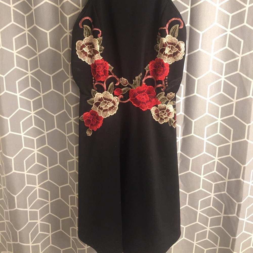 Rose embroidered sexy black mini dress